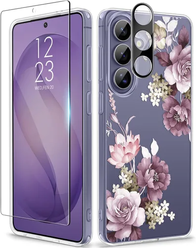 Vista 22 de GVIEWIN Funda protectora para Samsung Galaxy S25, transparente floral, delgada, a prueba de golpes, para mujer, no se pone amarilla, con protector