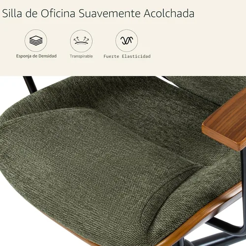 Vista 6 de HULALA HOME Silla de oficina de madera maciza con función de balanceo, silla de escritorio cómoda de tela con base de madera curvada y metal, silla