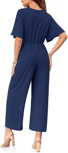 Vista 6 de GAMISOTE Enterizo de pierna ancha para mujer, manga corta, nudo frontal, overol largo de verano