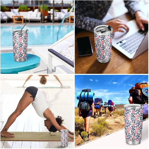 Vista 7 de Nautical Beach Ocean Style Roses Safari - Taza aislada de acero inoxidable con pajilla, resistente a fugas, tazas para café para café, simplemente