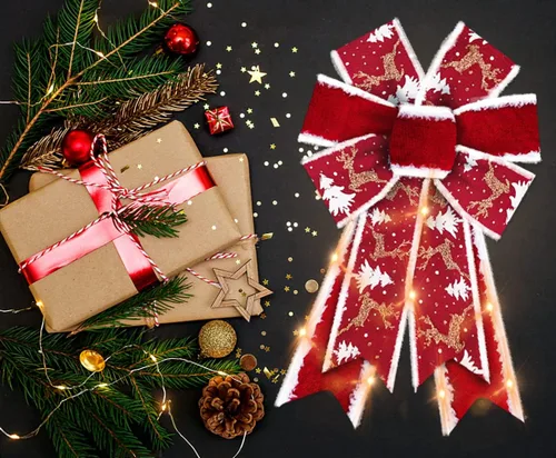 Vista 6 de ABTOLS 2 piezas de arcos de corona de Navidad con LED, arcos de terciopelo rojo para coronas, arcos rústicos de granja para puerta delantera, arcos
