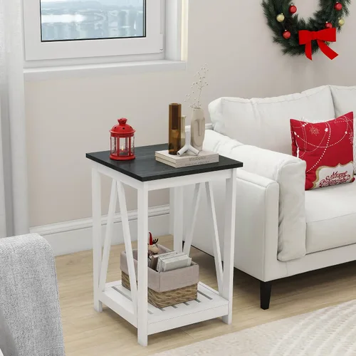 Vista 10 de Mesa auxiliar cuadrada de granja, mesa auxiliar con diseño de listones, mesa auxiliar de sofá con marco resistente para sala de estar, gris oscuro