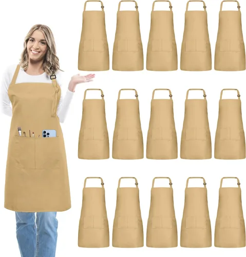 Vista 15 de 15 delantales para adultos a granel con bolsillos, delantal de chef ajustable para mujeres y hombres, pintura, cocina, manualidades (S/L)