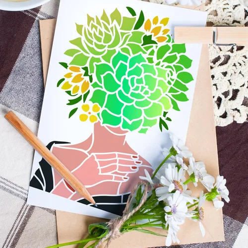 Vista 7 de FINGERINSPIRE Plantilla decorativa de pintura de niña suculenta de 11.7 x 8.3 pulgadas, plantilla de dibujo con patrón de plantas, plantilla