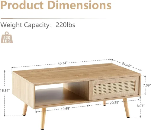 Vista 2 de Mesa de centro de ratán, mesa de centro moderna de mediados de siglo de 40.3 pulgadas con almacenamiento, mesa rectangular de madera para sofá