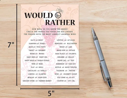 Vista 2 de Tarjetas de juego para despedida de soltera, juego de "Would She Rather Game", tarjetas de fiesta de compromiso rosas para boda, juego de 30