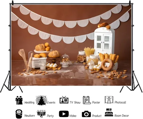 Vista 3 de YongFoto Fondo de Mesa de Panadería para Hornear 5x3 pies Pan Dona Galleta Gabinete Blanco Fondo de Fotografía Niño Niña Cake Smash Cumpleaños Baby