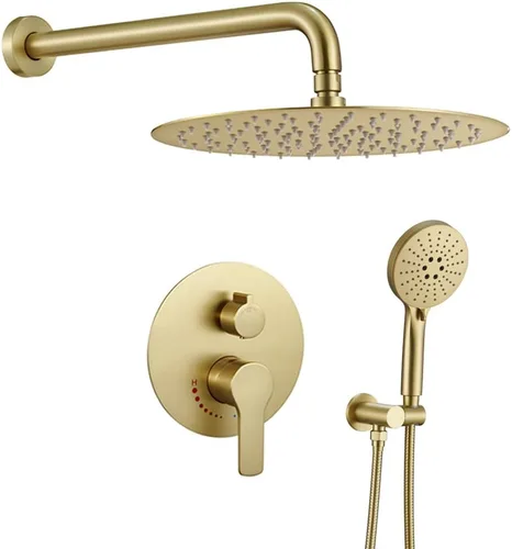 Vista 10 de Sistema de ducha de oro cepillado de 12 pulgadas para baño, cabezal de ducha de lluvia dorado de alta presión con rociador de mano, accesorios