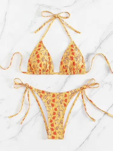 Vista 3 de OYOANGLE Conjunto de bikini de 2 piezas para mujer, estampado floral, triángulo, halter con lazo lateral, traje de baño