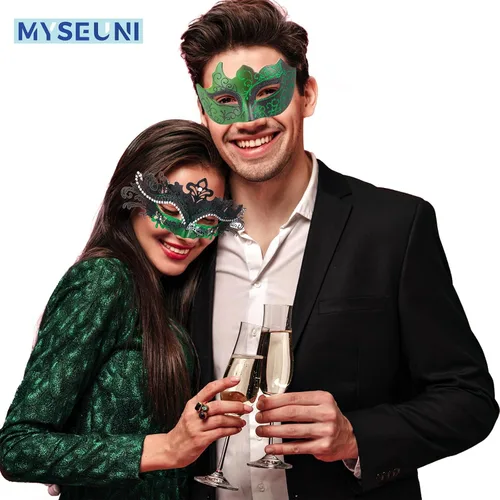 Vista 4 de Máscaras de máscaras para parejas Máscara veneciana de filigrana de metal brillante con diamantes de imitación y máscara veneciana para hombre