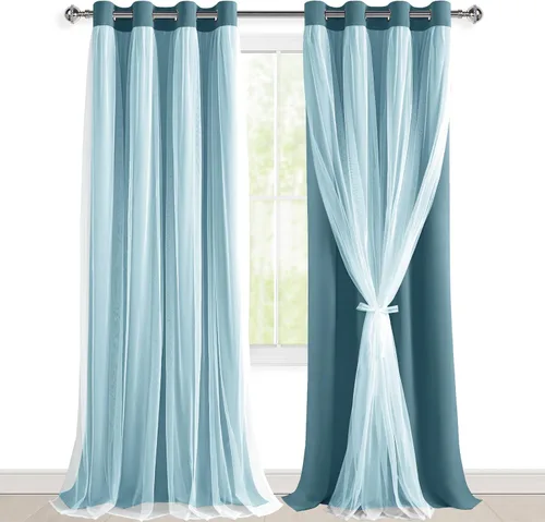 Vista 101 de Hiasan Cortinas opacas con superposición transparente, aislamiento térmico para mezclar y combinar de doble capa, cortinas de oscurecimiento de Beige