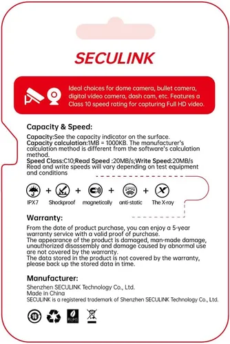 Vista 4 de SECULINK 32GB TF Memory Card FAT32 Format Class 10 High Speed Reading/Writing 24/7 Recording for Security Camera Dash Cam and More