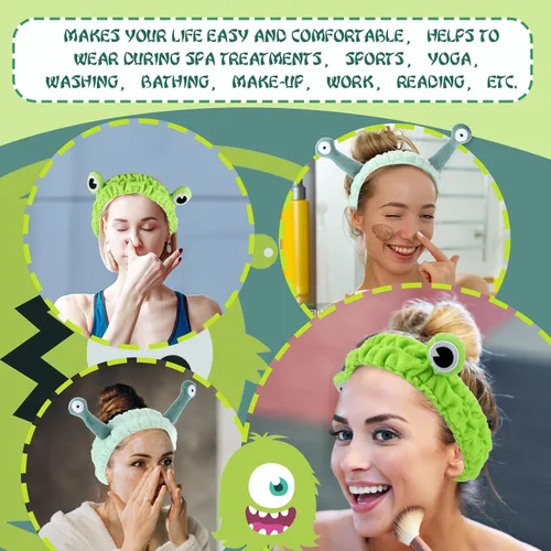 Vista 6 de Molain Diadema de rana para lavado de cara, bandas para el cabello de spa, diademas de maquillaje para mujeres, de dibujos animados, de forro polar