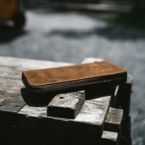 Vista 6 de Cartera larga para hombre de piel auténtica con cierre RFID bloqueo Vintage Bifold