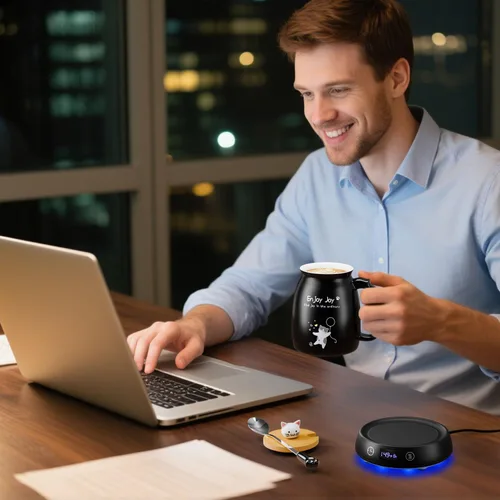 Vista 4 de Calentador de taza de café con bonito juego de tazas de gato, calentador eléctrico de 8 horas de apagado automático para escritorio, oficina, hogar
