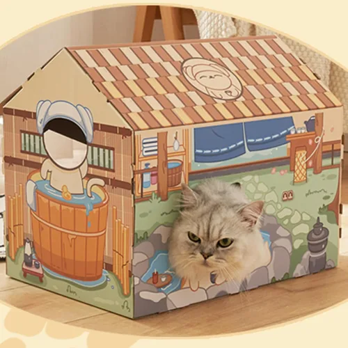 Vista 5 de Casa de cartón para gatos, caja rascador para gatos, casa de juegos reversible para gatos, juguete corrugado reciclable para rascar, almohadillas