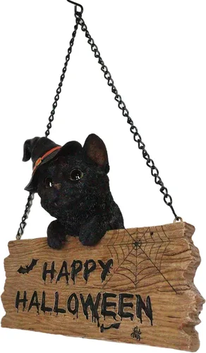 Vista 3 de Ebros Adorable gatito negro realista con sombrero de bruja sosteniendo Happy Halloween tablón letrero rama pared colgante figura Halloween brujas