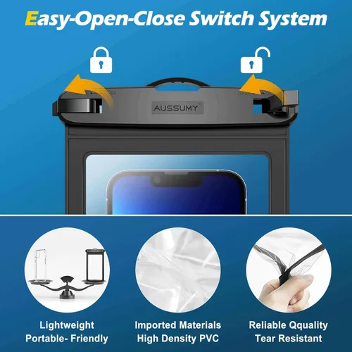Vista 6 de Paquete de 4 fundas impermeables grandes para teléfono de 10.5" - Soporte transparente para celular bajo el agua - Bolsa seca universal a prueba