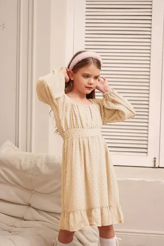 Vista 6 de GRACE KARIN Vestido escalonado con volantes para niñas, vestido acampanado de manga larga con lunares suizos, 6-12 años