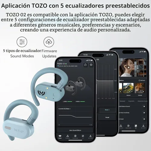 Vista 5 de TOZO O2 - Auriculares inalámbricos de oído abierto, ajuste multiángulo 42H Bluetooth 5.3