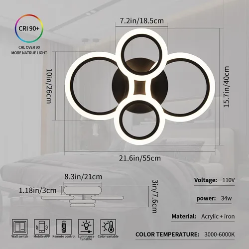 Vista 5 de Shine LUEST Lámpara de techo LED moderna de 34 W, 3000 K-6000 K regulable, accesorios de iluminación de techo para montaje en techo, 4 anillos