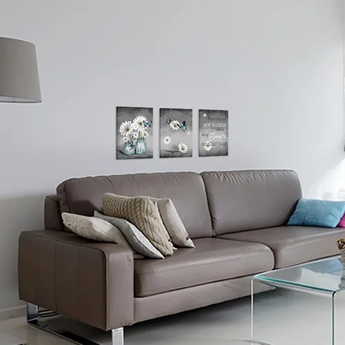 Vista 4 de Biuteawal 3 piezas de arte de pared de margaritas, pintura de flores y mariposas, citas inspiradoras, lienzo impreso, cuadro de arte floral
