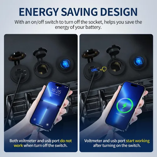 Vista 4 de DaierTek Paquete de 3 enchufes de cargador de coche USB C de 12 V, 48 W PD y QC 3.0 de carga rápida con voltímetro e interruptor