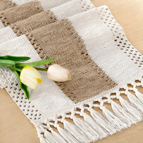 Vista 22 de Socomi Camino de mesa bohemio de verano rústico para comedor, cocina, centro de mesa, decoración pequeña de macramé de algodón y lino, camino