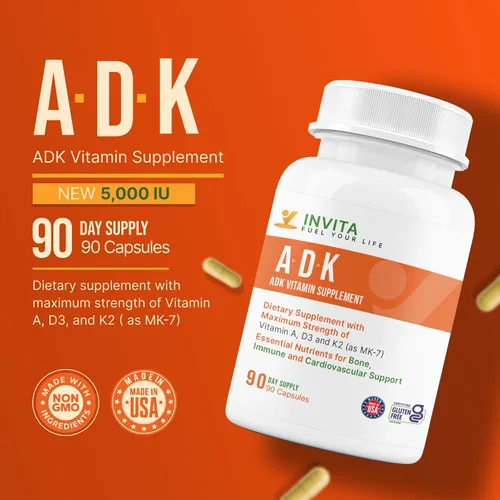 Vista 3 de INVITA, Suplemento vitamínico ADK – 90 cápsulas – Alta potencia de vitamina A, D3 5000 UI y K2-MK7 – Médico formulado para apoyo óseo, corazón e