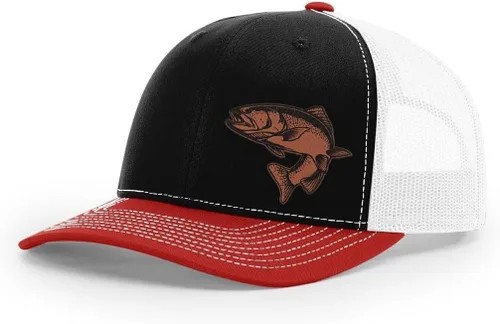 Vista 54 de Sombrero de pesca de trucha con parche de cuero grabado láser Richardson 112 Snapback Trucker Cap