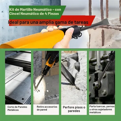 Vista 8 de Kit de martillo neumático, con cincel de aire de 4 piezas, herramienta de martillos neumáticos con reducción de vibración para trabajos metálicos