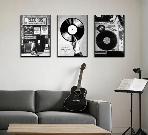 Vista 7 de Póster de música retro, 3 unidades, arte de pared, fotografía en blanco y negro, tienda de discos de vinilo preparados, pintura, pintura, decoración