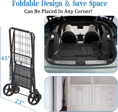 Vista 5 de Carrito de Compras Plegable de Servicio Pesado para Comestibles, Carritos de Comestibles Jumbo con Ruedas Giratorias de 360°, Bolsa Impermeable