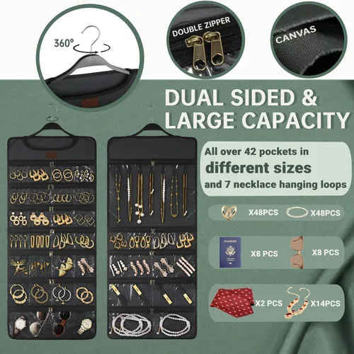 Vista 4 de SMRITI Organizador de joyas colgante con bolsillos dobles con cremallera, lona de doble cara giratoria para colgar collares, organizador de pared