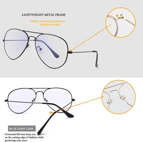 Vista 8 de HJSTES Lentes transparentes de aviador, luz azul, para mujeres y hombres, montura piloto clásica, sin receta