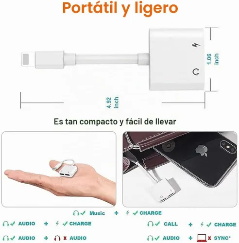 Vista 8 de [Certificado Apple MFi] Divisor de adaptador de auriculares para iPhone, 2 en 1, cargador Lightning doble, adaptador de audio auxiliar para iPhone
