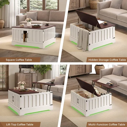 Vista 4 de HedoAjim Mesa auxiliar elevable de 31.5 pulgadas con almacenamiento, mesa de centro cuadrada blanca LED con gran almacenamiento oculto, mesa central