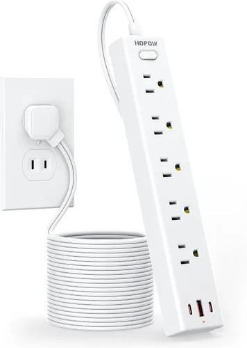 Vista 10 de HOPOW Regleta de alimentación de enchufe plano, cable de extensión ultrafino de 3 pies, protector de sobretensiones con 5 salidas y 3 puertos USB