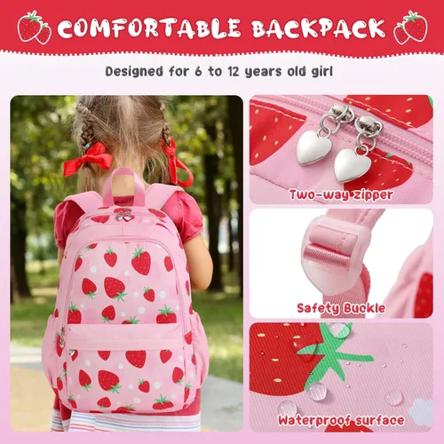 Vista 5 de Mochila para niñas, juego de mochila de unicornio para niños, mochila de escuela primaria primaria con lonchera y estuche para lápices, Rosado, Fresa