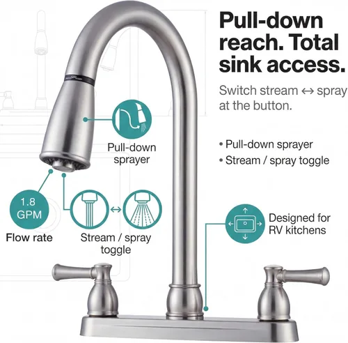Vista 2 de Llave para fregadero de cocina Dura Faucet, llave de reemplazo no metálica con doble palanca para casas rodantes, caravana quinta rueda