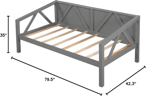 Vista 8 de Merax Marco de cama de día de madera de granja con soporte de listones de madera, sofá cama con patas resistentes, no necesita somier, tamaño Gris