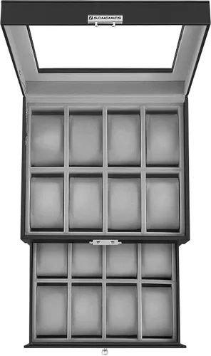 Vista 8 de SONGMICS Caja de reloj de 16 ranuras, caja de reloj con tapa de vidrio, 2 capas, vitrina de reloj con cerradura, cuero sintético negro, forro gris