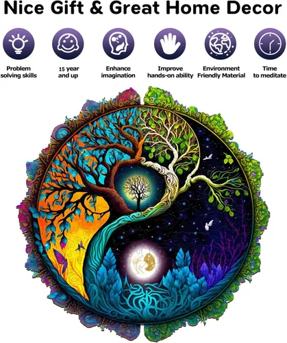 Vista 7 de Jigfoxy Rompecabezas de madera para adultos, rompecabezas de madera del árbol de la vida, rompecabezas únicos de forma zen, regalos de Navidad