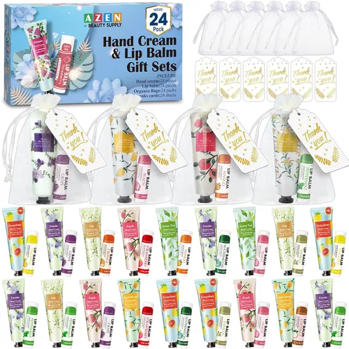 Vista 10 de AZEN 12 Sets Bulk Gifts, Hand Cream and Lip Balm Bulk Set with Organza Bag Thank You Card, Baby Shower Wedding Gifts for Guests, Bridal Wedding