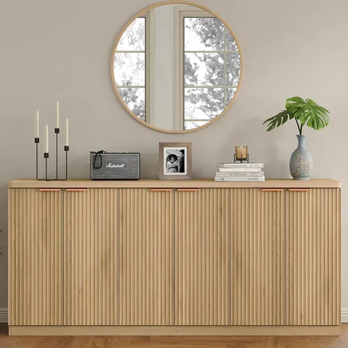 Vista 12 de Yanosaku Aparador Buffet Acanalado de 66" de Ancho, Gabinete de Almacenamiento con 3 Cajones y 2 Gabinetes, Mesa de Bar de Café de Mediados de Siglo