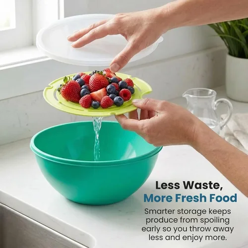 Vista 4 de Jokari Ensaladera de sandía con colador y tapa, recipiente autodrenante para frutas, verduras y verduras mixtas, incluye bandeja coladora anidable