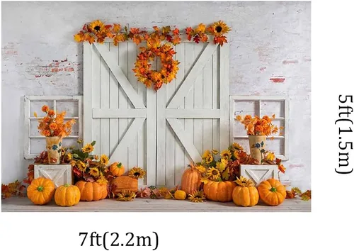 Vista 3 de Kate Fondo de fotos de 7 x 5 pies con diseño de calabaza de Acción de Gracias, para cosecha, pared blanca, puerta de madera blanca, Halloween