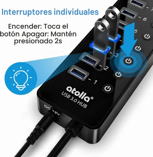 Vista 2 de Hub USB 3.0 de alimentación, divisor USB atolla de 16 puertos con adaptador de corriente de 12 V/6 A e interruptores individuales, transferencia