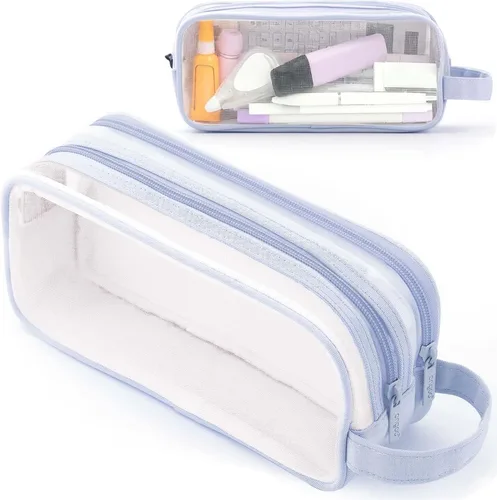 Vista 8 de Estuche grande de malla de malla con 2 compartimentos, bolsa transparente para lápices con cremallera, bolsa de papelería transparente multifunción