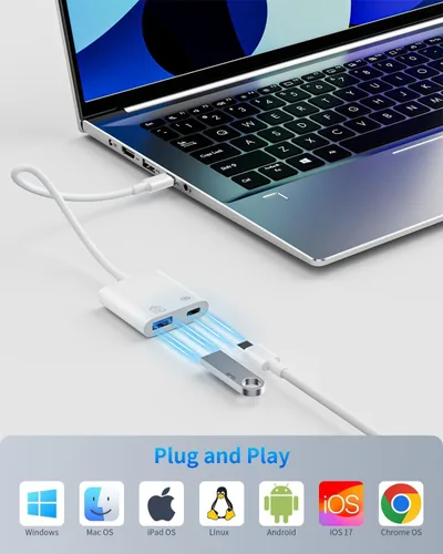 Vista 5 de Adaptador de cámara USB C a USB para iPhone 16/15, adaptador OTG hembra USB3.0 con puerto de carga rápida para iPhone 16/16 Pro Max/16 Plus/15 Pro